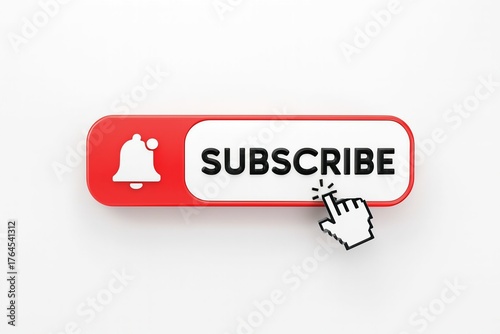 Red and white subscribe button with notification bell icon and cursor clicking on it