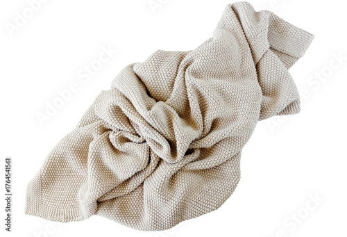 Beige knitted blanket isolated png file on trahsparent background. Cutout object 