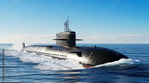 Modern military submarine sailing on ocean surface warship vessel at sea