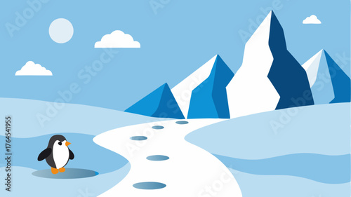 An arctic tundra scene with a trail juxtaposed against glaciers featuring penguin and snowshoe markers to indicate coldweather adventure journeys.