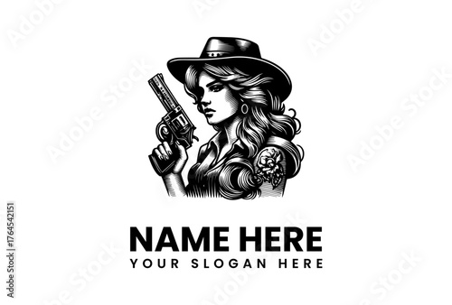 Engraved Cowgirl with Revolver and Floral Tattoo in Black and White.