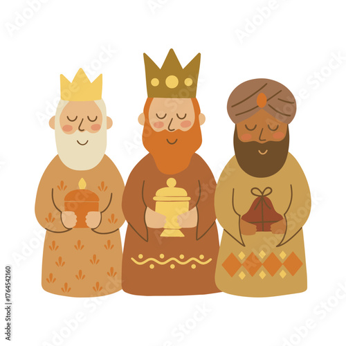 Three cute wise men with gifts and closed eyes three wise men