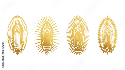 Golden Virgin Mary emblems, religious art for faith-based projects, spirituality and cultural heritage, unique designs for artistic expression and traditional themes