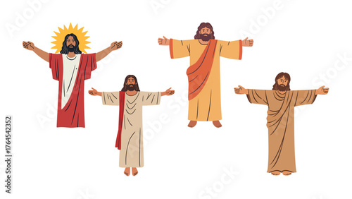 Illustrations of Jesus Christ in robes with open arms expressing love, faith, and hope for religious teachings, church resources and spiritual inspiration