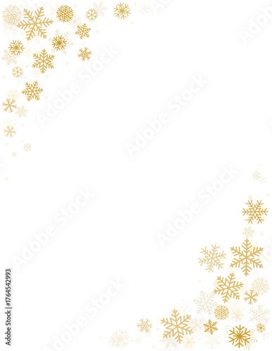 Christmas snowflakes corners background. Winter gold snow falling minimal letter, greeting card decoration. Vector illustration