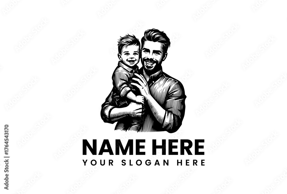 Obraz premium Father and Son Smiling Together in Detailed Black and White Illustration.