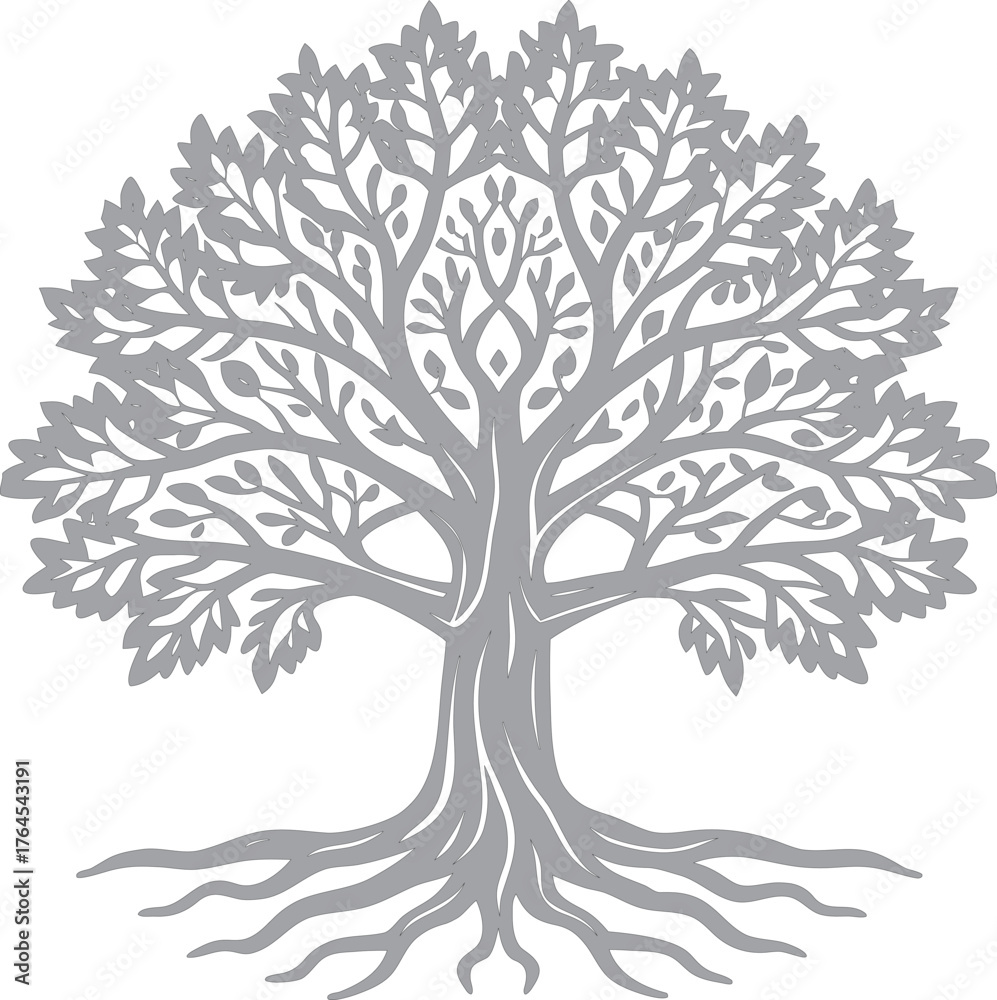 Obraz premium Stylized gray tree with intricate branches and roots