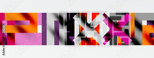 Abstract geometric shapes, pinks, oranges, whites dominate composition. Minimalist design, modern aesthetic, bold colors present.