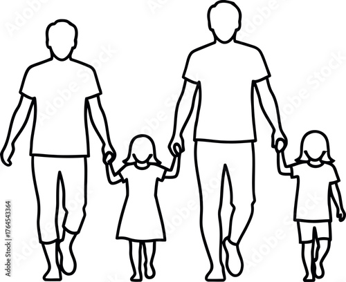 Two fathers holding hands with their two young daughters walking together as a family