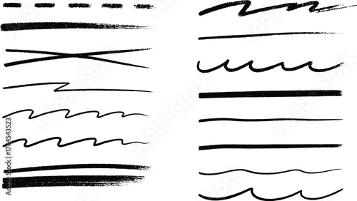 Assortment of Black Hand Drawn Brush Stroke Lines and Underlines on White Background Keywords: brush stroke, line, underline, hand drawn, black, graphic