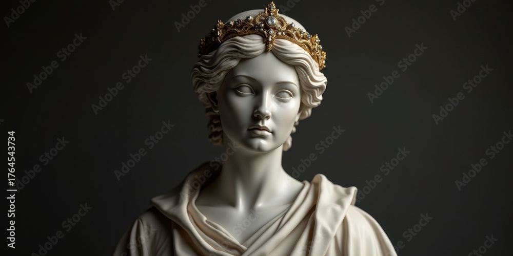 Obraz premium Stunning statue of a goddess with golden crown, perfect for mythology projects or elegant historical designs and royalty themed concepts