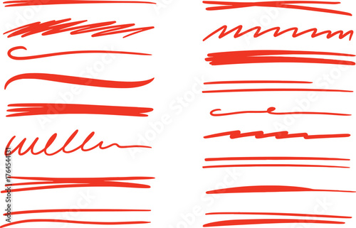 Assortment of Red Hand Drawn Underline Brush Strokes and Swirls on White Background vector illustration