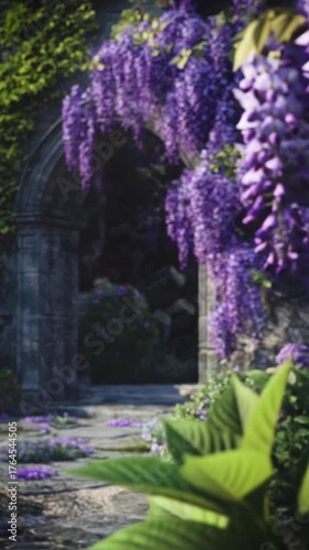 Picturesque Stone Archway Draped with Purple Wisteria and Scattered Petals on the Ground, Idyllic Garden Scene