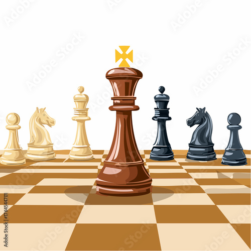 A chessboard showing an overthrown king piece surrounded by neatly positioned pawns and rooks.