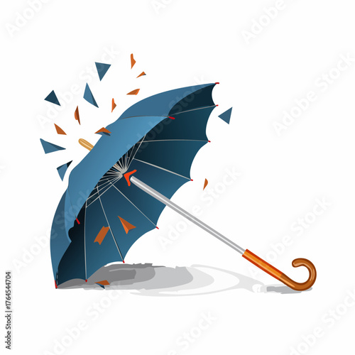 A broken umbrella with snapped metal spokes, blown inside out, lying at an awkward angle.