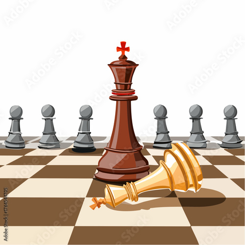 A chessboard showing an overthrown king piece surrounded by neatly positioned pawns and rooks.