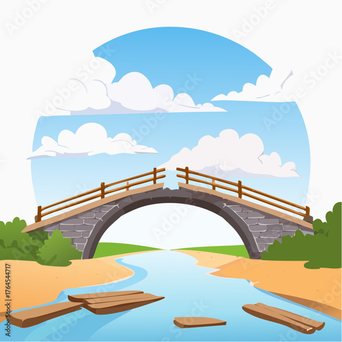 A bridge with planks missing, collapsing into a river under a wide empty, cloudy sky.