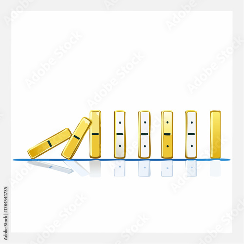 A single domino fallen flat, triggering a chain reaction of toppled pieces along the row.