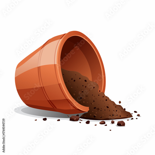 A tipped-over clay pot spilling rich soil and exposing its broken base on a clean floor.