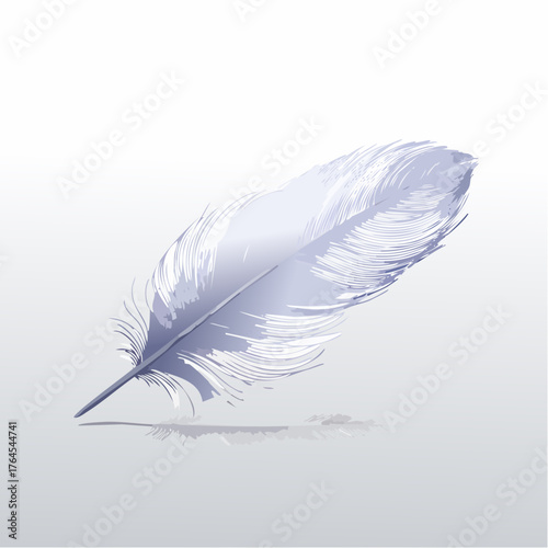 A lone feather crumpled and lying sideways, casting a faint, imperfect shadow on a white surface.