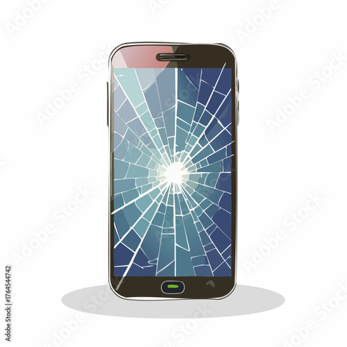 A shattered smartphone screen showing deep cracks radiating outward from a single damaged point.