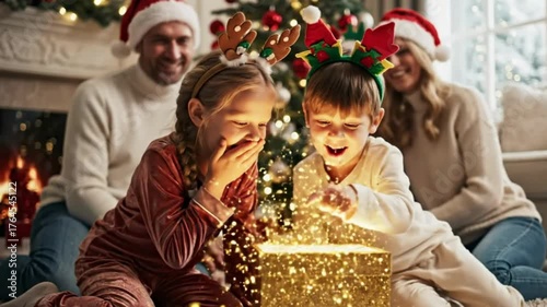 Magical Christmas Moment with Family.  Two children, wearing reindeer antlers and elf headbands, are kneeling on the floor, opening a gold gift box that is emitting a magical golden light. 