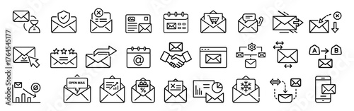 Email marketing outline icon set – digital mail campaign, newsletter, analytics, delivery tracking, automation, open mail analytics, promotional message, subscriber engagement, feedback survey