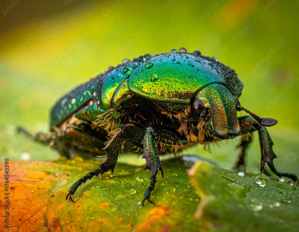 Fototapeta premium Green iridescent beetle macro on leaf closeup nature