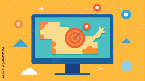 A computer screen showing a digital map with hotspots indicating voter turnout areas surrounded by abstract arrows pointing toward target regions.