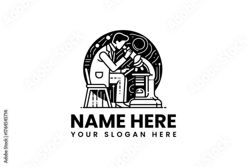 Scientist Examining Specimen Through Microscope in Detailed Line Art Style.