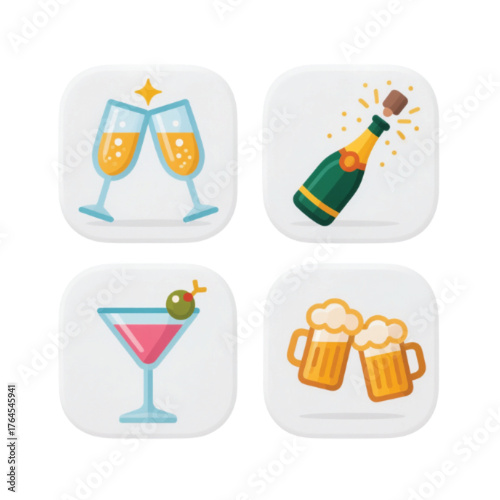 A collection of four flat design icons representing celebratory alcoholic drinks: champagne, beer, and a cocktail.