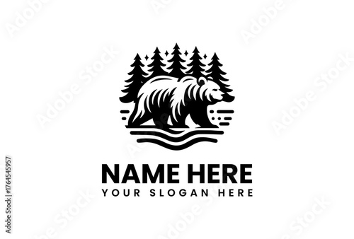 Silhouette of a Grizzly Bear in a Forest Logo Design.