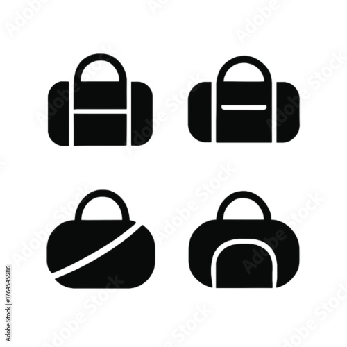 Four black silhouette icons depicting various styles of duffel bags.