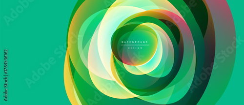 Abstract layers create circular design. Vibrant greens, yellows, hints of pink blend smoothly. Modern background feels energetic, dynamic.