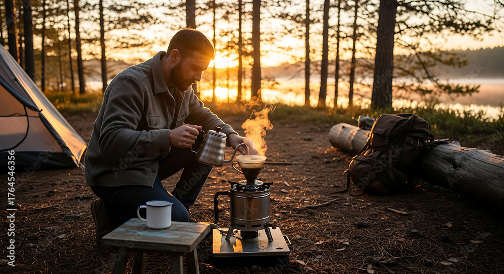 Fototapeta premium A camper enjoys a peaceful morning by brewing coffee amidst a scenic forest, tent, and serene lake backdrop.
