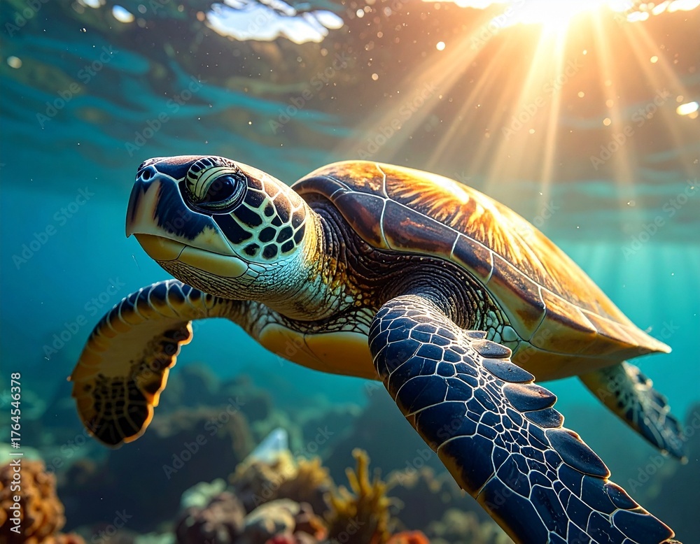Fototapeta premium Sea turtle swimming gracefully toward ocean sunlight