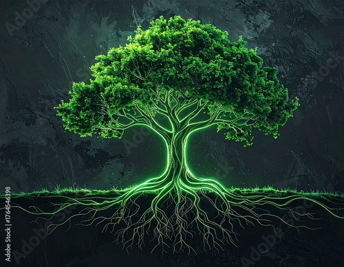 Glowing tree of life with luminous roots and green energy