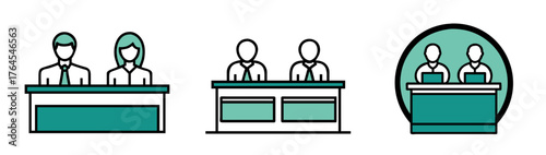 Two persons at desk or reception icon set