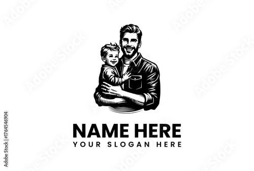 Smiling father holding his happy child in a loving embrace monochrome illustration.