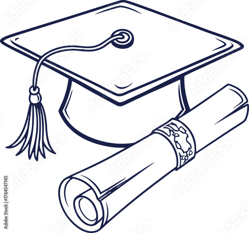 Illustration of a graduation cap with tassel and a rolled diploma tied with a decorative band design