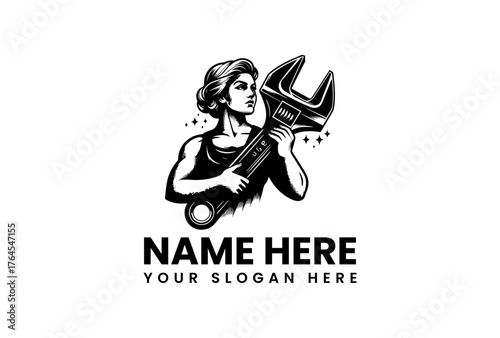 Strong Woman Holding a Large Wrench with Sparkles in Black and White.