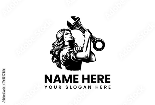 Strong Woman Holding Wrench Empowering Symbol of Strength and Skill.