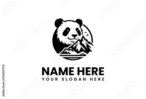 Smiling Panda Bear Logo with Mountain Range and Text Elements.