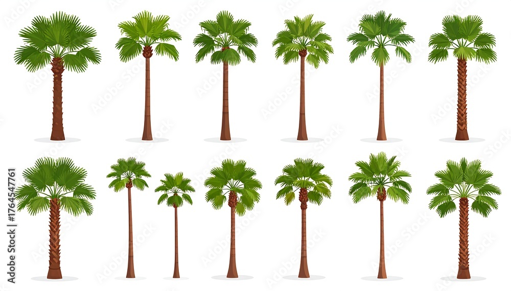 Obraz premium A collection of fifteen palm tree illustrations against a white background, showcasing diverse tree heights and leaf styles