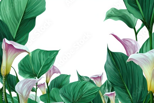 Calla Lily Border. Exotic White Lily Flowers and Tropical Leaves Frame for Decoration