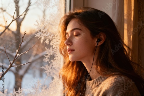 A woman enjoying music by a frosty window during winter sunset.