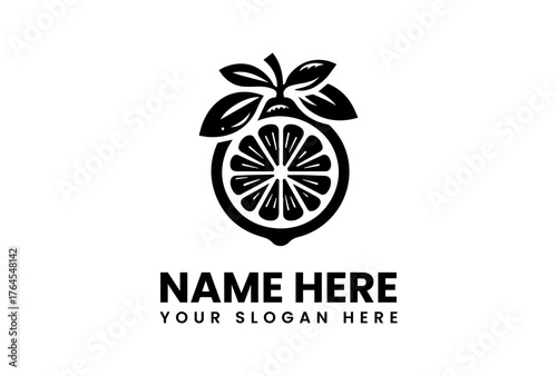 Stylized Black and White Lemon Slice with Leaves Vector Illustration.