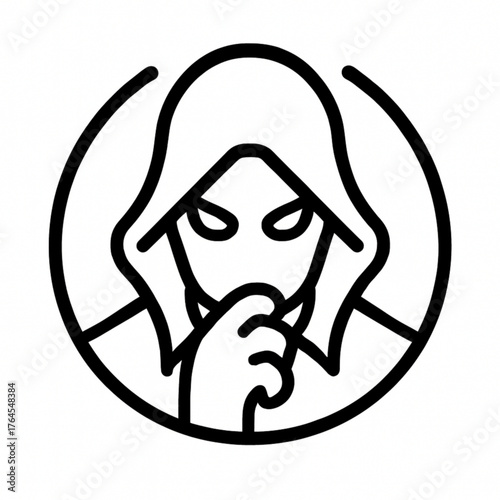 Mysterious hooded figure with intense gaze, evokes intrigue and suspense, perfect for fantasy, gaming, or Halloween themed projects. From scalable vector graphics