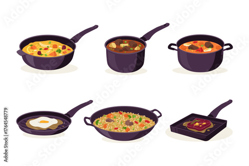 Cooking in Pans and Skillets Illustrations. Set of Dishes Including Fried Egg, Fried Rice, Soup, and Grilled Steak for Recipe and Culinary Content
