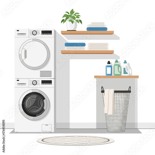 Modern washing and drying machines in laundry room interior with detergent and plant decor